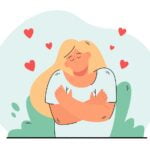 cute peaceful woman hugging her shoulders