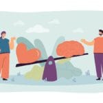 two people comparing logic and love with seesaw