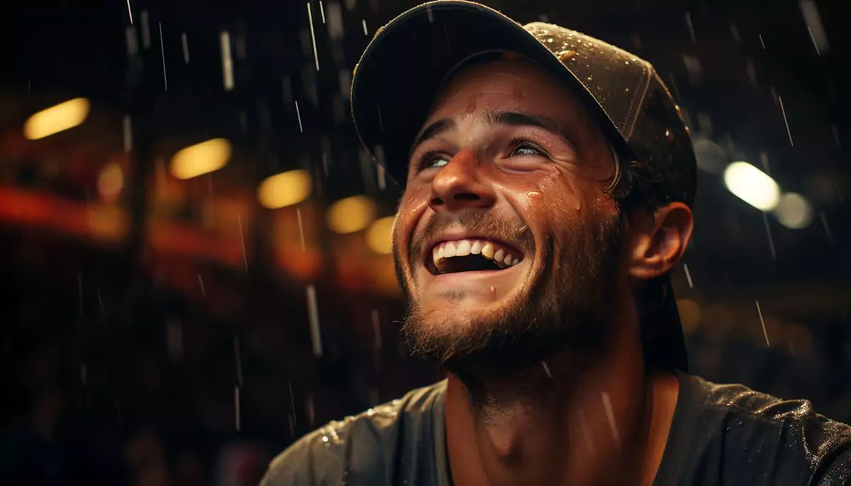 joyful man illuminated by night enjoys rain generated by artificial intelligence 683821e9d226b