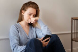 medium shot anxious woman holding smartphone