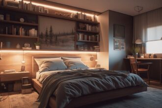 comfortable modern bedroom with bright illuminated electric lamp generative ai