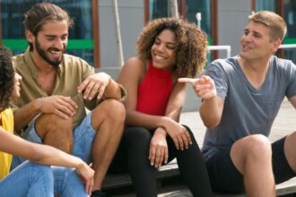 joyful close friends joking arguing
